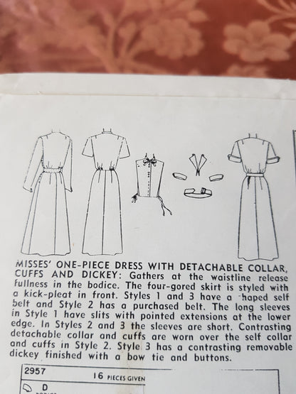 Late 1940s CHIC Dress Pattern SIMPLICITY 2957 Couturier Details, Detachable Collar,Cuffs and Dickey, Bust 34 Vintage Sewing Pattern FF