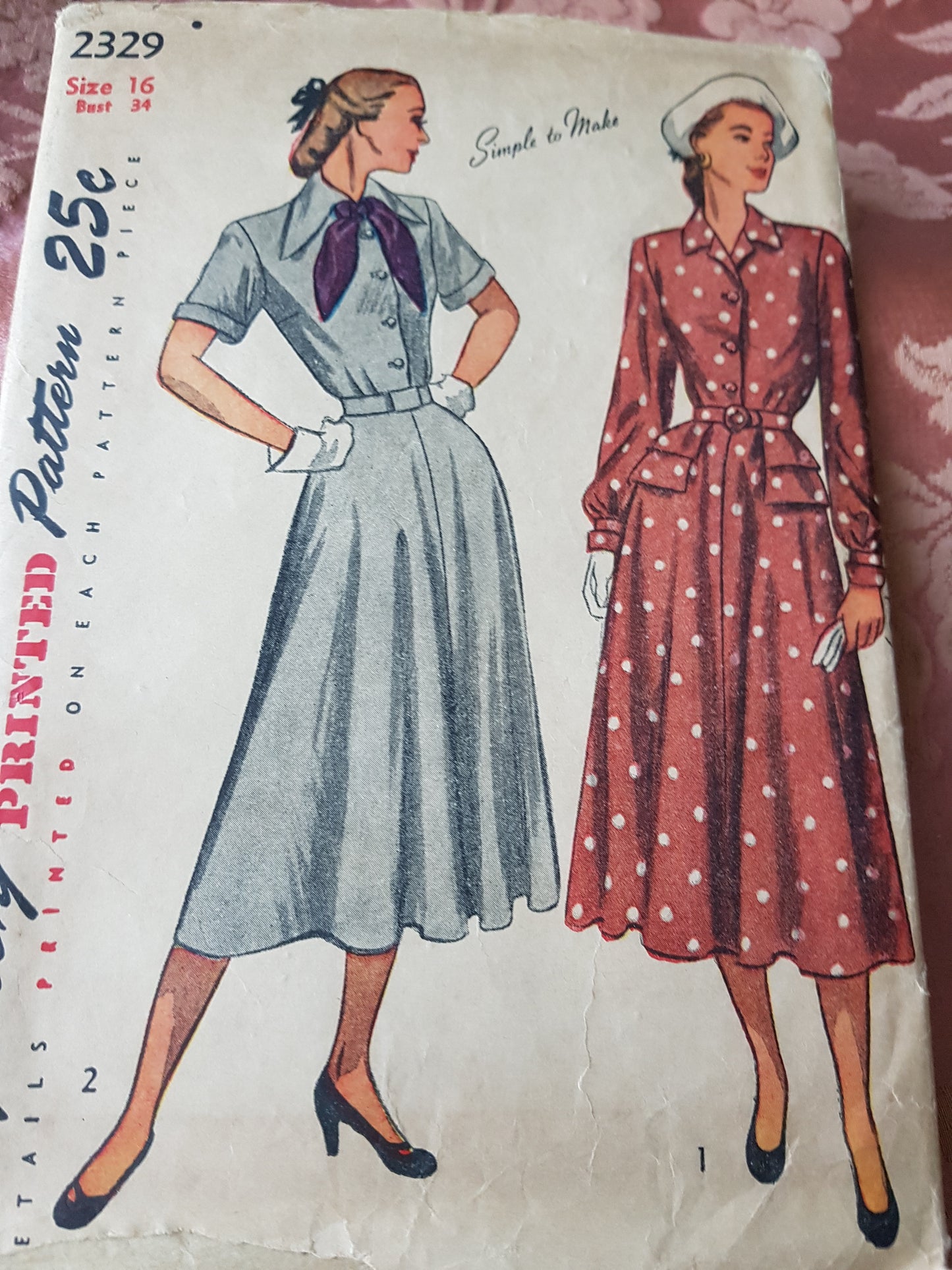 Late 1940s STYLISH Dress Pattern SIMPLICITY 2329 Two Style Versions, Bust 34 Vintage Sewing Pattern FF