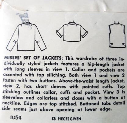 1950s WONDERFUL Set of Jackets Pattern SIMPLICITY 1054 Three Fabulous Styles, Bust 30 Vintage Sewing Pattern