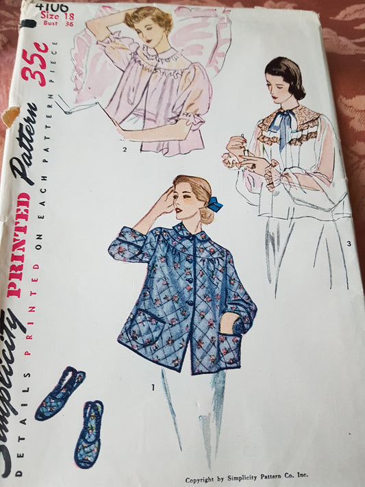 1950s ROMANTIC Bed Jackets and Slippers Pattern SIMPLICITY 4106 Three Lovely Style Versions, Sling Back Slippers, Bust 36 Vintage Sewing Pattern FF