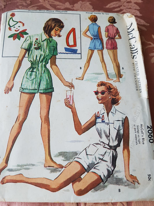 CUTE 1950s Playsuit Romper Pattern McCALLS 2060 Two Versions Front Zip or Front Button, Includes Embroidery Transfers, Bust 33 Vintage Sewing Pattern FF