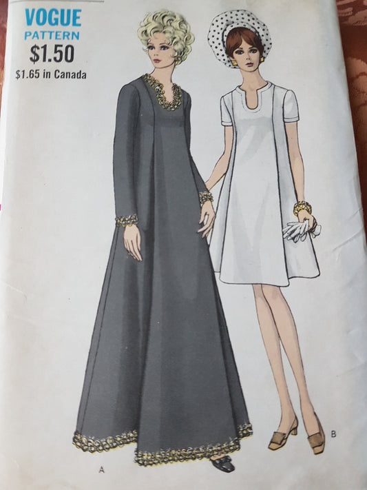 MOD 1960s Day or Evening Dress Pattern VOGUE 7499 Elegant Maternity Dress or Gown, Perfect Hostess Gown, Bust 38 Vintage Sewing Pattern FF