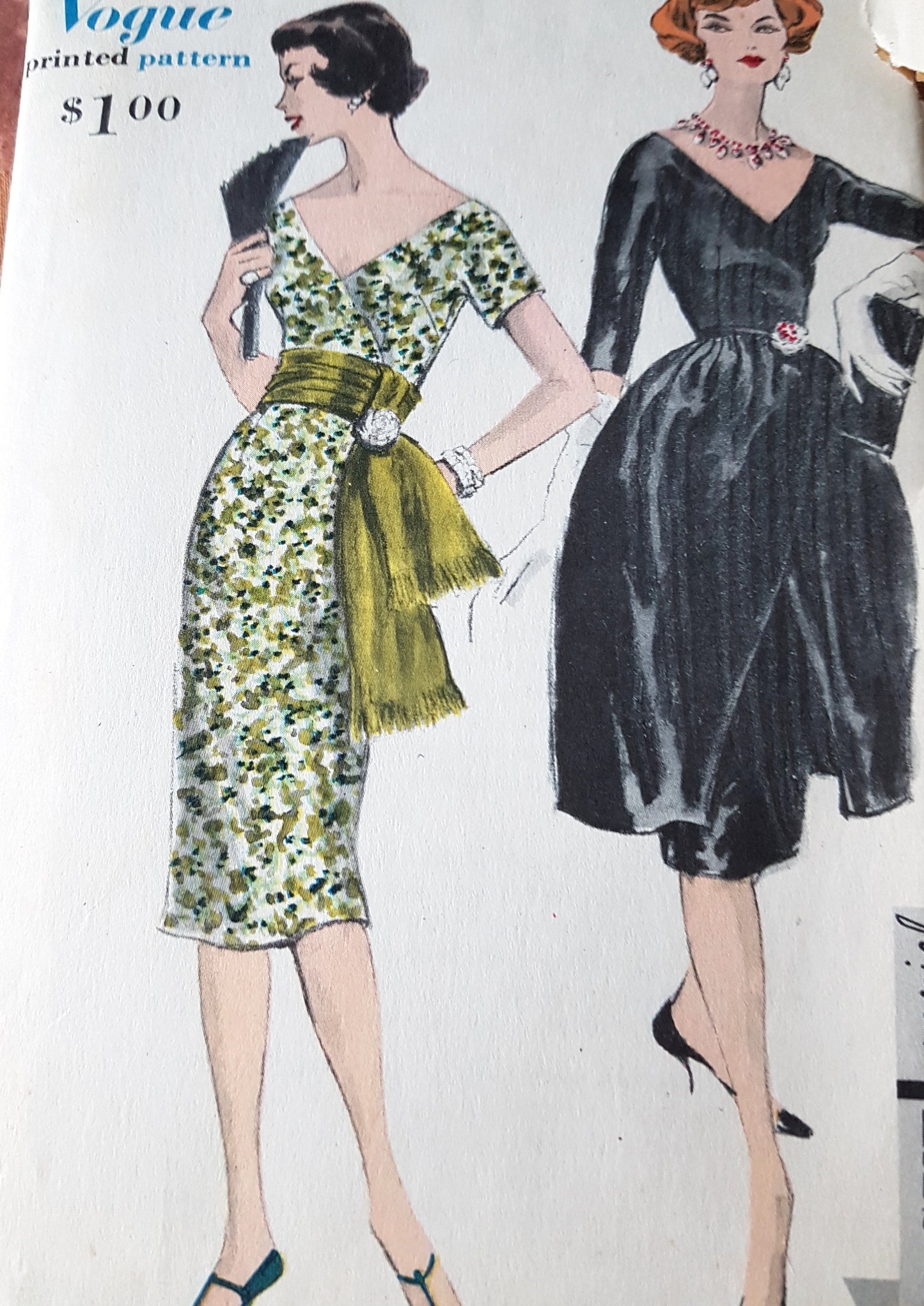 Late 50s STUNNING Cocktail Party Evening Dress Pattern VOGUE Special Design 4965 Two Beautiful Style Versions, Wide Low V Necklines, Bust 32 Vintage Sewing Pattern FF