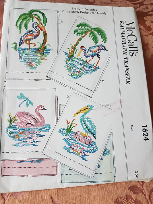 MID CENTURY 1950s Tropical Birds Cross Stitch Designs For Linens Pattern McCALLs 1624  Kaumagraph Transfer, Swans, Pelican Birds, Home Decor Vintage Craft Sewing Pattern FF