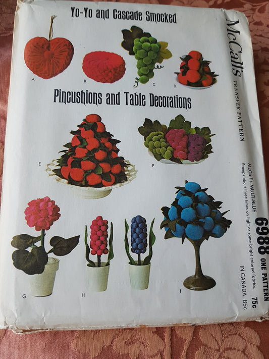 MID CENTURY Novelty Pincushions and Table Decorations Pattern McCALLs 6988  Interesting  YoYo and Cascade Smocked, Home Decor Vintage Craft Sewing Pattern FF