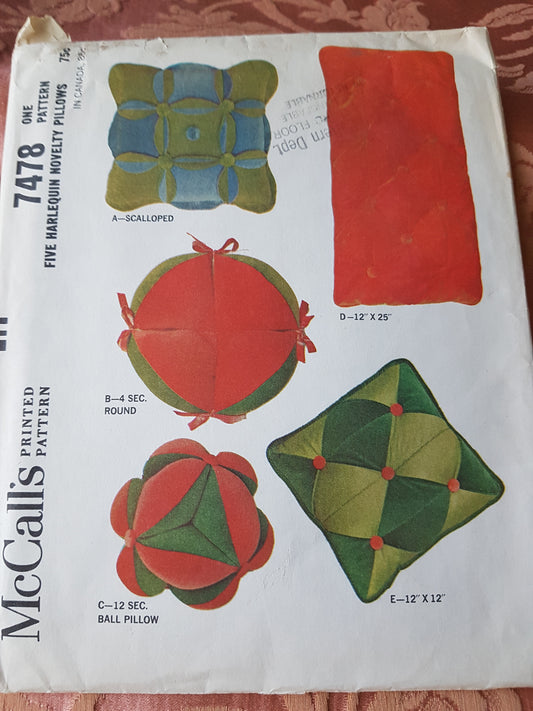 MID CENTURY Five Harlequin Novelty Pillows Pattern McCALLs 7478 Interesting and Easy To Make Novelty Cushions Pillows, Home Decor Vintage Craft Sewing Pattern FF