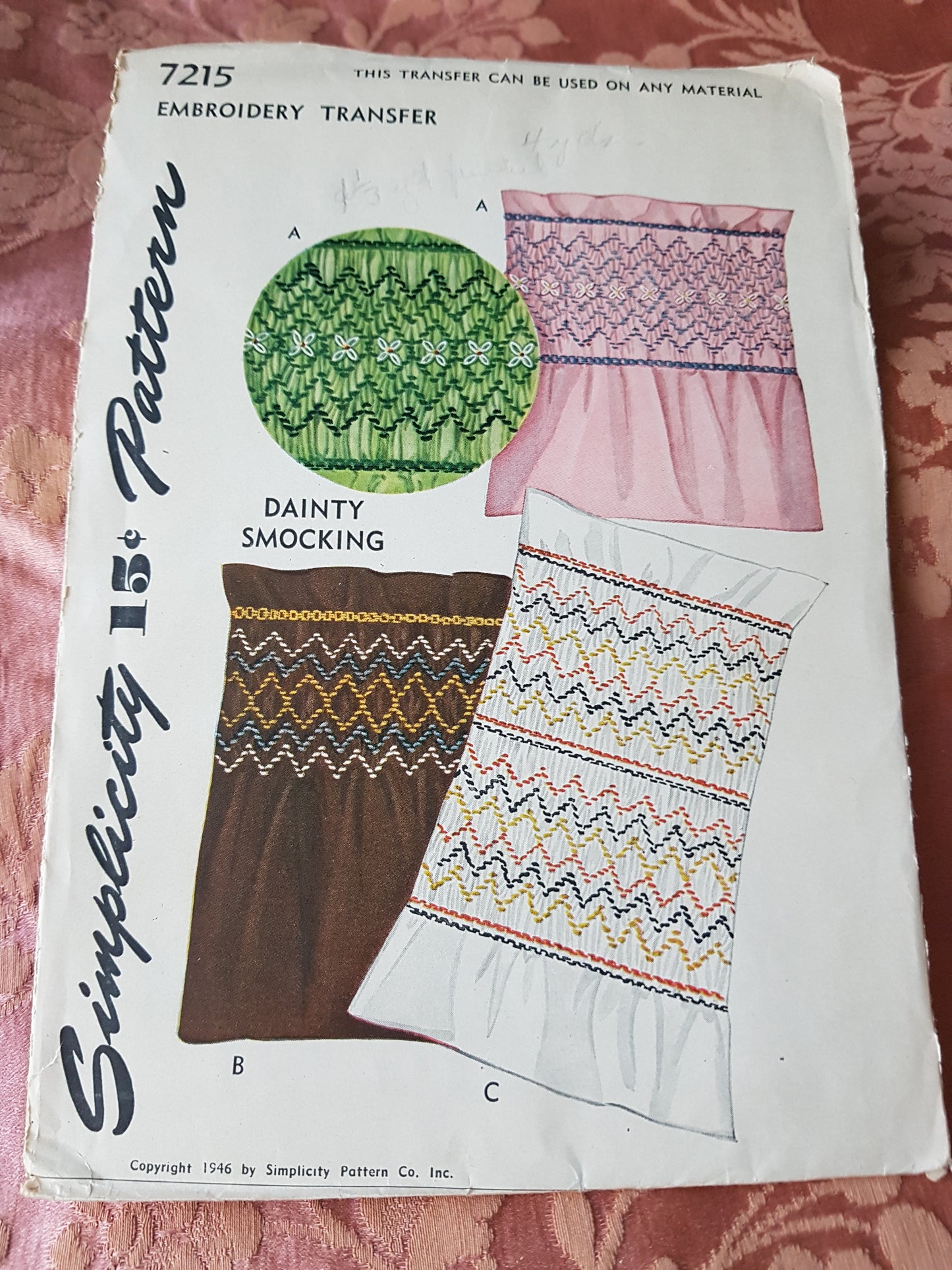 1940s BEAUTIFUL Dainty Smocking Embroidery Transfer Pattern SIMPLICITY 7215 Never Used Still Factory Folded, Vintage Craft Sewing Pattern