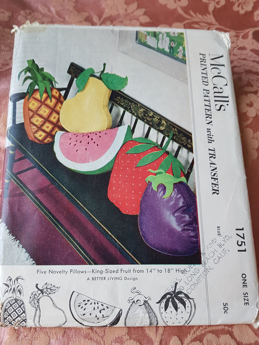 1950s FUN Novelty Pillows King Sized Fruit Pattern McCALLs 1751 Cushions from 14 Inches to 18 Inches,Five Pillow Styles, IncludesTransfer,Vintage Sewing Craft Pattern FACTORY FOLDED