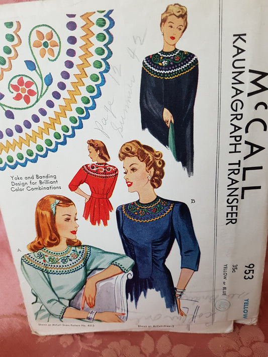 1942 BEAUTIFUL Embroidery Transfer Pattern McCALL 953 Kaumagraph Transfer Yoke and Banding Design for Brilliant Color Combinations, Vintage Iron On Transfer Patterns