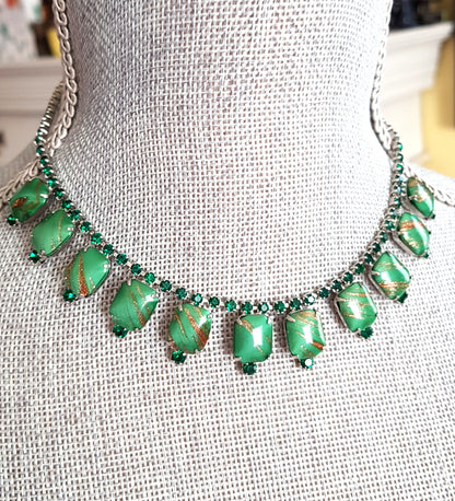 BEAUTIFUL Vintage Art Glass Necklace,Dazzling Green Glass and Gold Stone, Mid Century Necklace and Earrings Set