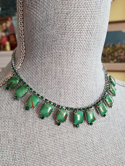 BEAUTIFUL Vintage Art Glass Necklace,Dazzling Green Glass and Gold Stone, Mid Century Necklace and Earrings Set