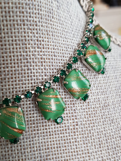 BEAUTIFUL Vintage Art Glass Necklace,Dazzling Green Glass and Gold Stone, Mid Century Necklace and Earrings Set