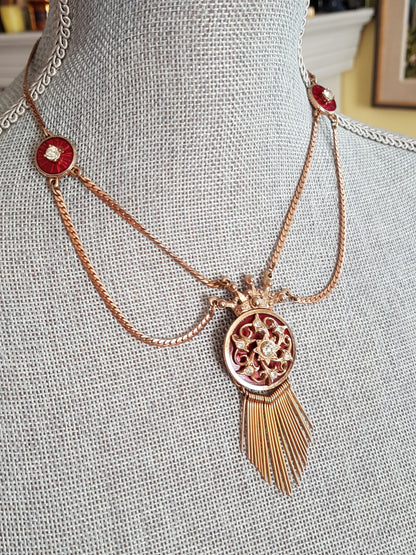 Victorian Style Necklace, Fringed with Red Enamel and Sparkling Paste Stones, Stunning Antique Design, Collectible Vintage Jewelry