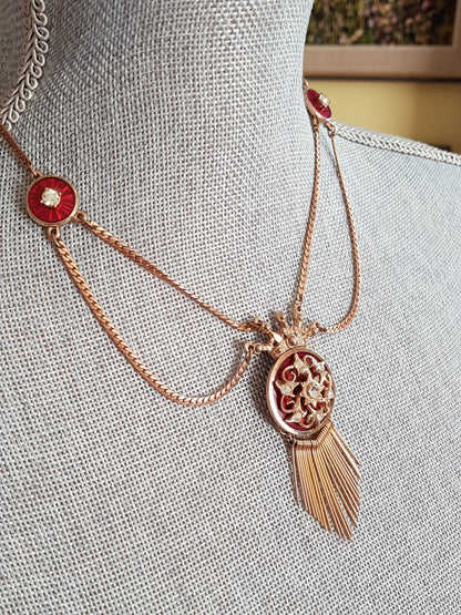 Victorian Style Necklace, Fringed with Red Enamel and Sparkling Paste Stones, Stunning Antique Design, Collectible Vintage Jewelry