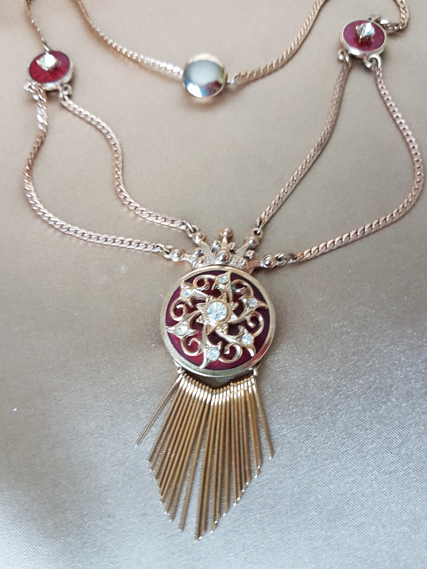 Victorian Style Necklace, Fringed with Red Enamel and Sparkling Paste Stones, Stunning Antique Design, Collectible Vintage Jewelry