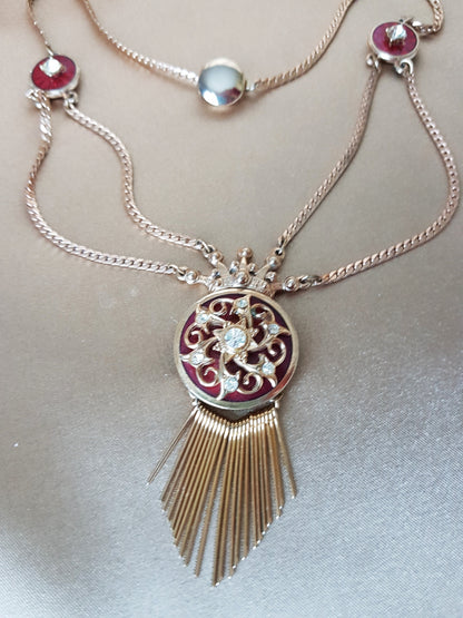 Victorian Style Necklace, Fringed with Red Enamel and Sparkling Paste Stones, Stunning Antique Design, Collectible Vintage Jewelry