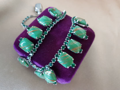 BEAUTIFUL Vintage Art Glass Necklace,Dazzling Green Glass and Gold Stone, Mid Century Necklace and Earrings Set