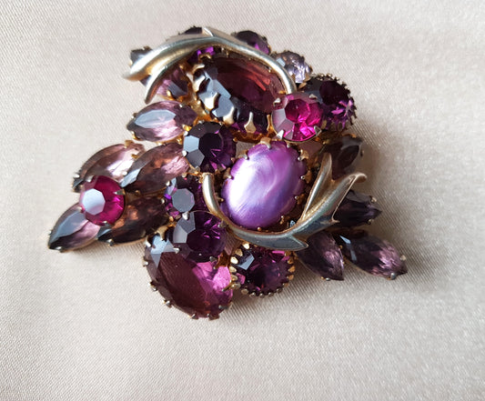 BEAUTIFUL Vintage Art Glass Large Brooch,Gorgeous Faceted Glass Stones Purple Pink Colors Pin,Collectible Mid-Century Jewelry