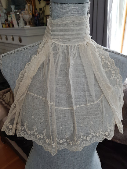 Victorian French Netted Lace Collar,Wide Tulle Lace Bib Front,Lace Jabot,Dramatic Under Suits,Collectible Vintage Clothing
