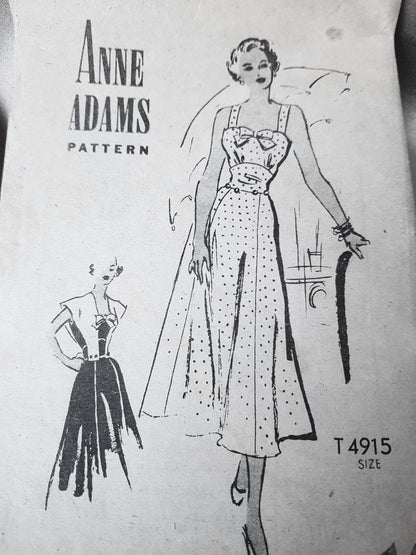 Late 1940s BEAUTIFUL Sun Dress and Capelet Pattern, ANNE ADAMS 4915 Lovely Figure Flattering Design Bust 32 Vintage Sewing Pattern