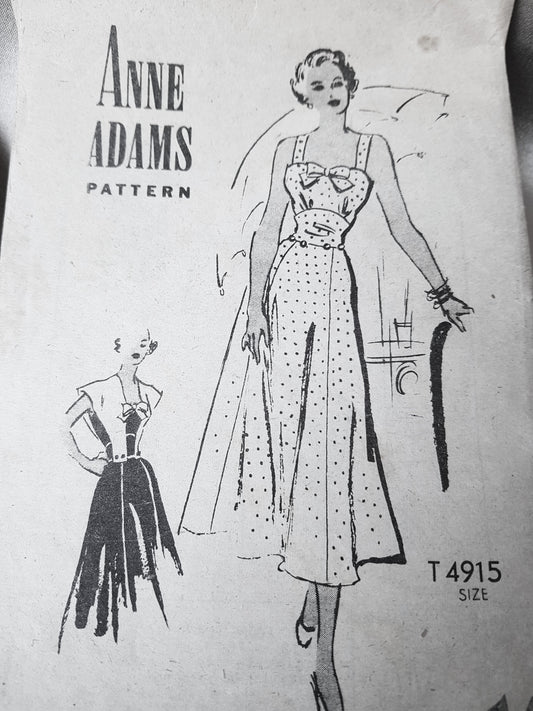 Late 1940s BEAUTIFUL Sun Dress and Capelet Pattern, ANNE ADAMS 4915 Lovely Figure Flattering Design Bust 32 Vintage Sewing Pattern