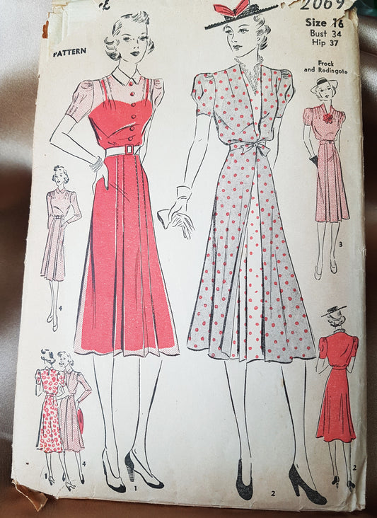 1930s BEAUTIFUL Dress and Redingote Pattern ADVANCE 2069 Day or Evening Cocktail Party, Lovely Design, Bust 34 Vintage Sewing Pattern