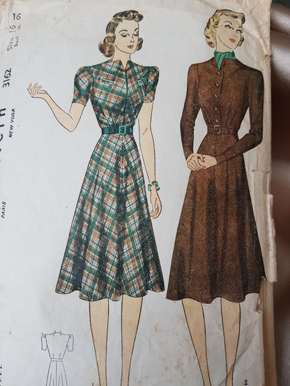 Late 1930s LOVELY Dress Pattern SIMPLICITY  Unique Neckline and 3162 Flared Skirted Dress Bust 34 Vintage Sewing Pattern