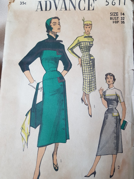 1950s CHIC Slim Dress Pattern ADVANCE 5611 Figure Flattering Asymmetrical Side Buttoned Dress, Bust 32 Vintage Sewing Pattern Factory Folded