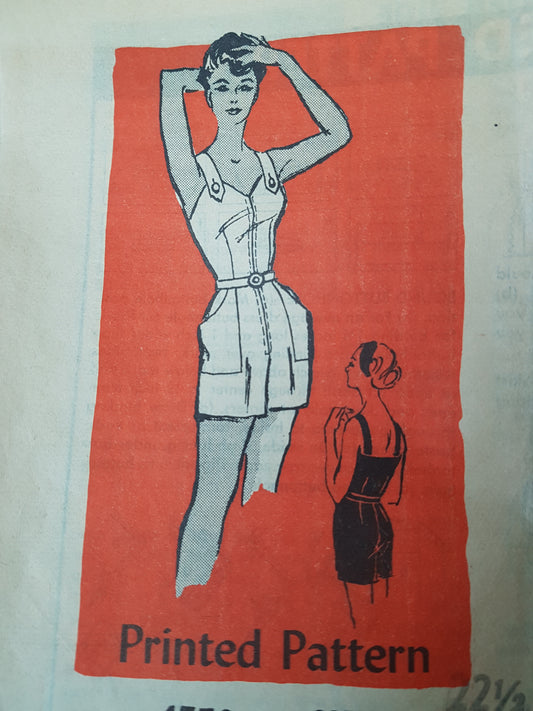 Late 50s  Beachwear PLAYSUIT Romper Pattern ANNE ADAMS 4776 Cute Front Zip Playsuit, Bust 43 Vintage Sewing Pattern
