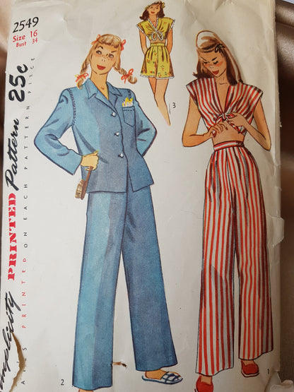 1940s CUTE Pajamas Pattern SIMPLICITY 2549 Two Styles, Trousers and Shirt or Midriff Tie Top and Pleated Shorts, Bust 34 Vintage Sewing Pattern