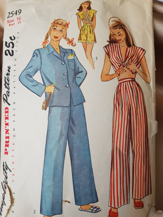1940s CUTE Pajamas Pattern SIMPLICITY 2549 Two Styles, Trousers and Shirt or Midriff Tie Top and Pleated Shorts, Bust 34 Vintage Sewing Pattern