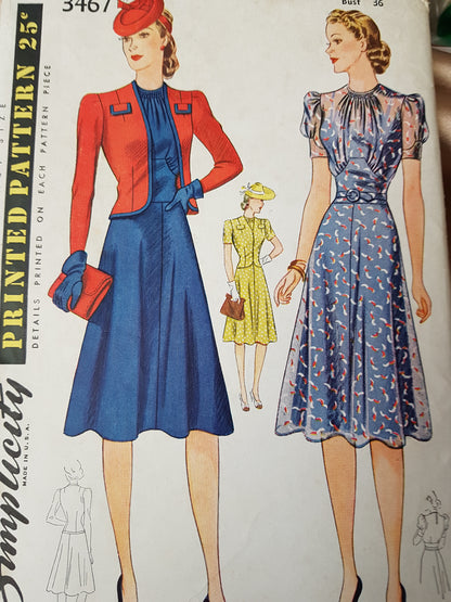 1940 FABULOUS Dress and Jacket Pattern SIMPLICITY 3467 Beautiful Design Day or Party, Bust 36 Vintage Sewing Pattern FACTORY FOLDED