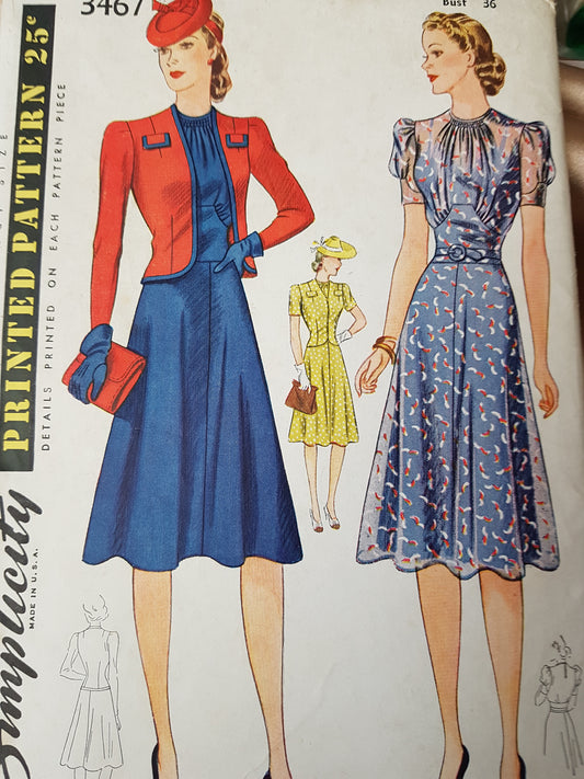 1940 FABULOUS Dress and Jacket Pattern SIMPLICITY 3467 Beautiful Design Day or Party, Bust 36 Vintage Sewing Pattern FACTORY FOLDED