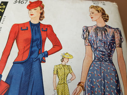 1940 FABULOUS Dress and Jacket Pattern SIMPLICITY 3467 Beautiful Design Day or Party, Bust 36 Vintage Sewing Pattern FACTORY FOLDED