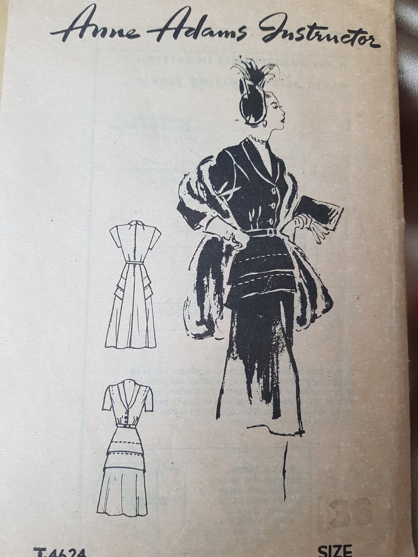 CLASSY Late 1940s Dress Pattern ANNE ADAMS 4624, Eye Catching Horizontal Tuck Skirt and Shawl Collar, Bust 36 Vintage Sewing Pattern