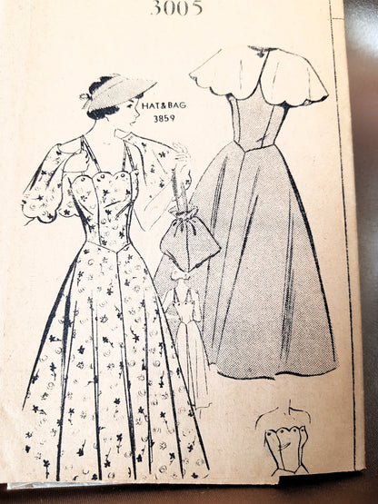 LOVELY Late 40s Summer Dress and Cape Pattern Mail Order 3005 Dress Pattern, Strapless or Straps, Cute Shoulder Cape, Bust 32 Vintage Sewing Pattern