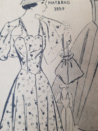 LOVELY Late 40s Summer Dress and Cape Pattern Mail Order 3005 Dress Pattern, Strapless or Straps, Cute Shoulder Cape, Bust 32 Vintage Sewing Pattern