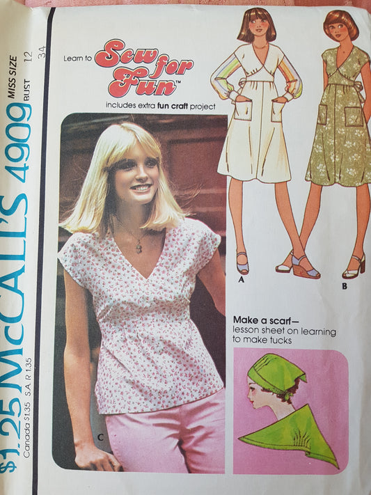 CUTE 1970s Dress or Jumper,Top and Head Scarf Pattern McCALLS 4909 Sew For Fun Pattern Bust 34 Vintage Sewing Pattern FF