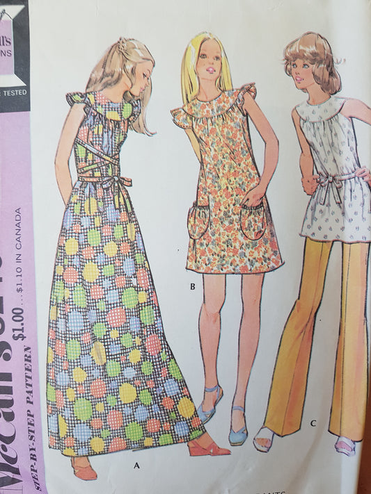 1970s PRETTY Dress or Smock Top and Pants Pattern McCALLS 3240 Maxi or Mini Dress, Top and Pants, Bust 34 Vintage Sewing Pattern