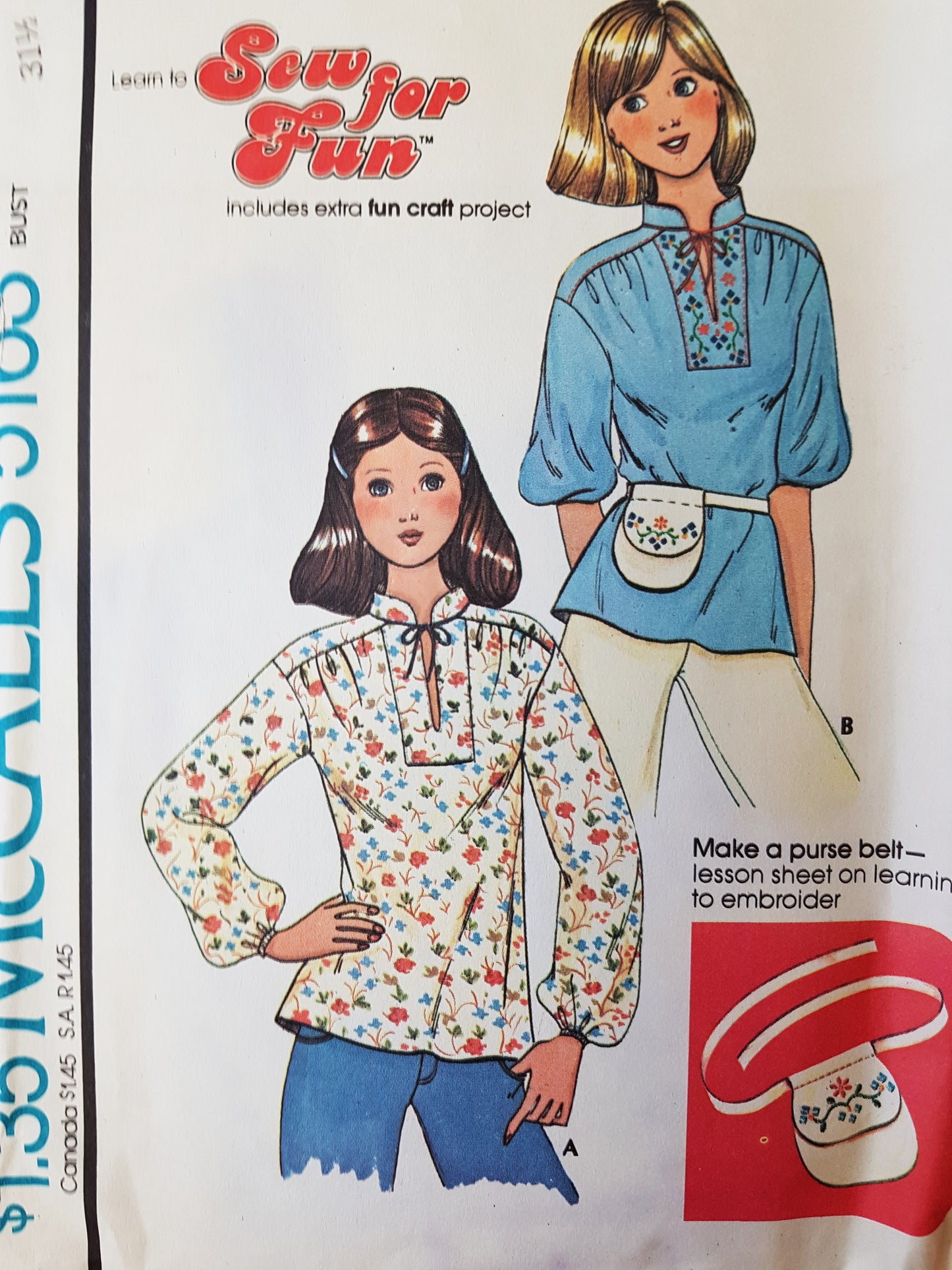 1970s PRETTY Over Blouse and Belt Purse Pattern McCALLS 5163 Includes Embroidery Transfer, Bust 31 Vintage Sewing Pattern