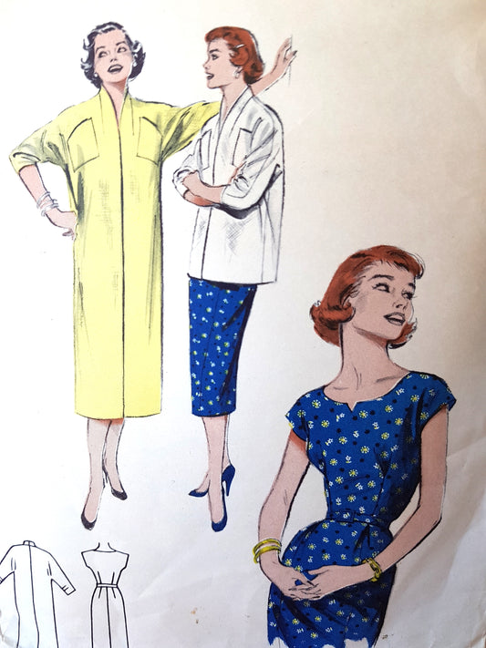1950s CHIC Sheath Dress and Coat or Jacket Pattern BUTTERICK 6955 Notched Neckline Dress, Easy To Sew Coat, Bust 38 Vintage Sewing Pattern