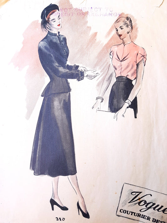 1940s GORGEOUS Film Noir 3 Pc Suit Pattern VOGUE COUTURIER DESIGN 380  Beautiful Design Details, Bust 30 Vintage Sewing Pattern +Sew In Label