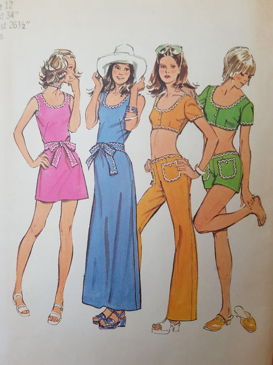 1970s RETRO Dress in 2 Lengths, Midriff Top, Hip Hugger Pants or Short Shorts Pattern SIMPLICITY 5029 Cute Styles Bust 34 Vintage Sewing Pattern