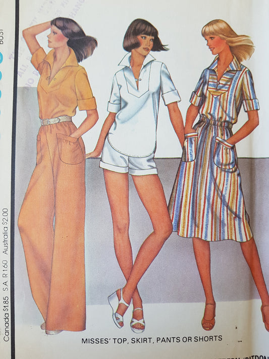 FABULOUS 70s Top, Skirt, Pants or Shorts Pattern McCalls 5505 Lovely Wing Collar Top, Cuffed Shorts, Wide Leg Pants, Flared Skirt, Bust 34 Vintage Sewing Pattern FF