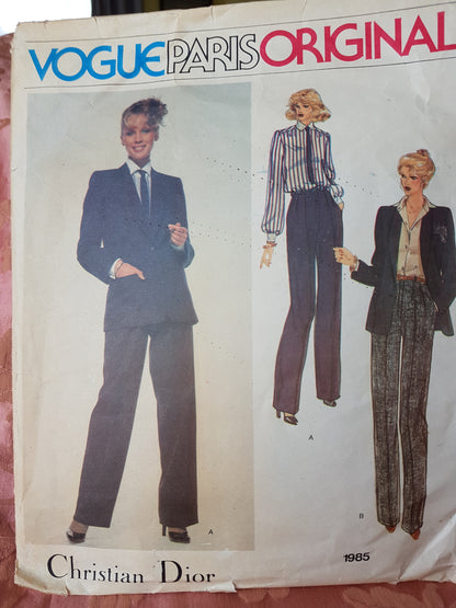 70s DIOR Suit and Blouse Pattern VOGUE Paris Original 1985 Fabulous Double Breasted Jacket, High Waist Straight Pants,Lovely Blouse, Bust 32 Vintage Sewing Pattern