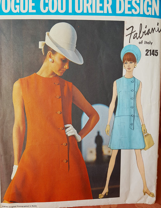 1960s FABIANI of Italy Dress Pattern VOGUE Couturier Design 2145 Lovely Drop Wait Jewel Neckline Dress, Bust 38 Vintage Sewing Pattern FF
