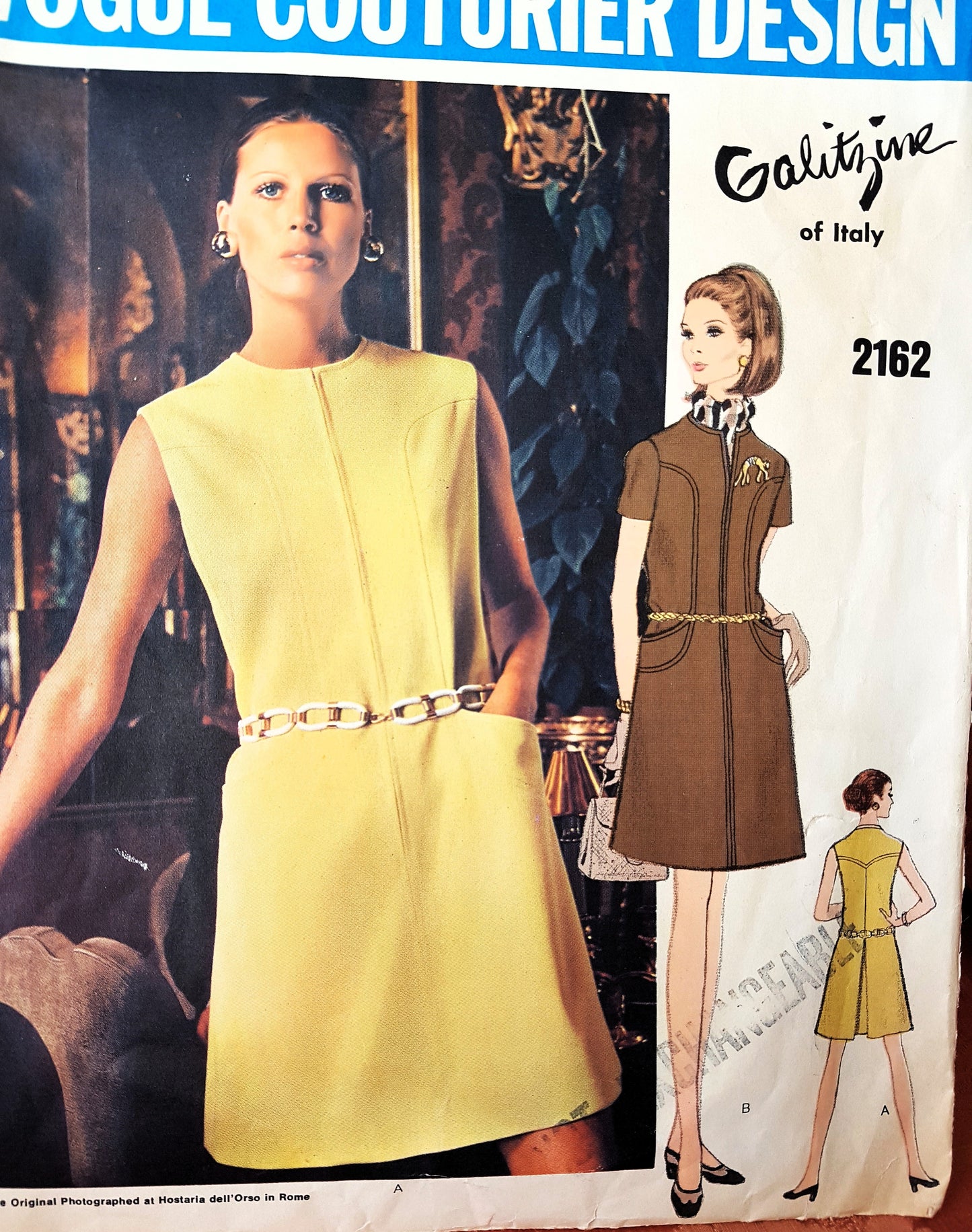 MOD 1960s Galitzine Dress Pattern VOGUE Couturier Design 2162 Cute Front Zip Dress Bust 34 Vintage Sewing Patterns