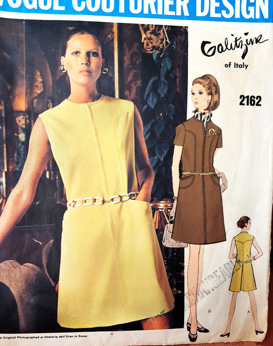 MOD 1960s Galitzine Dress Pattern VOGUE Couturier Design 2162 Cute Front Zip Dress Bust 34 Vintage Sewing Patterns