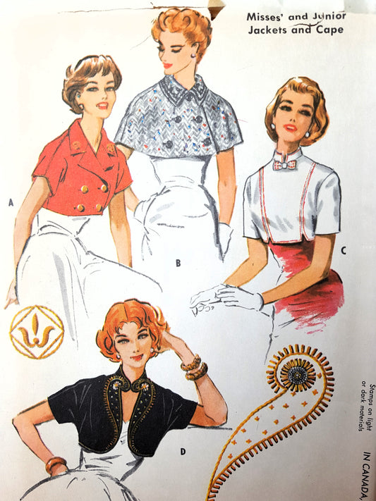 1950s STUNNING Cape, Jackets, and Bolero with Transfers  Pattern McCALLS 2214 Beautiful Designs, Includes Embroidery and For Beading Transfers Medium Size, Vintage Sewing Pattern FACTORY FOLDED