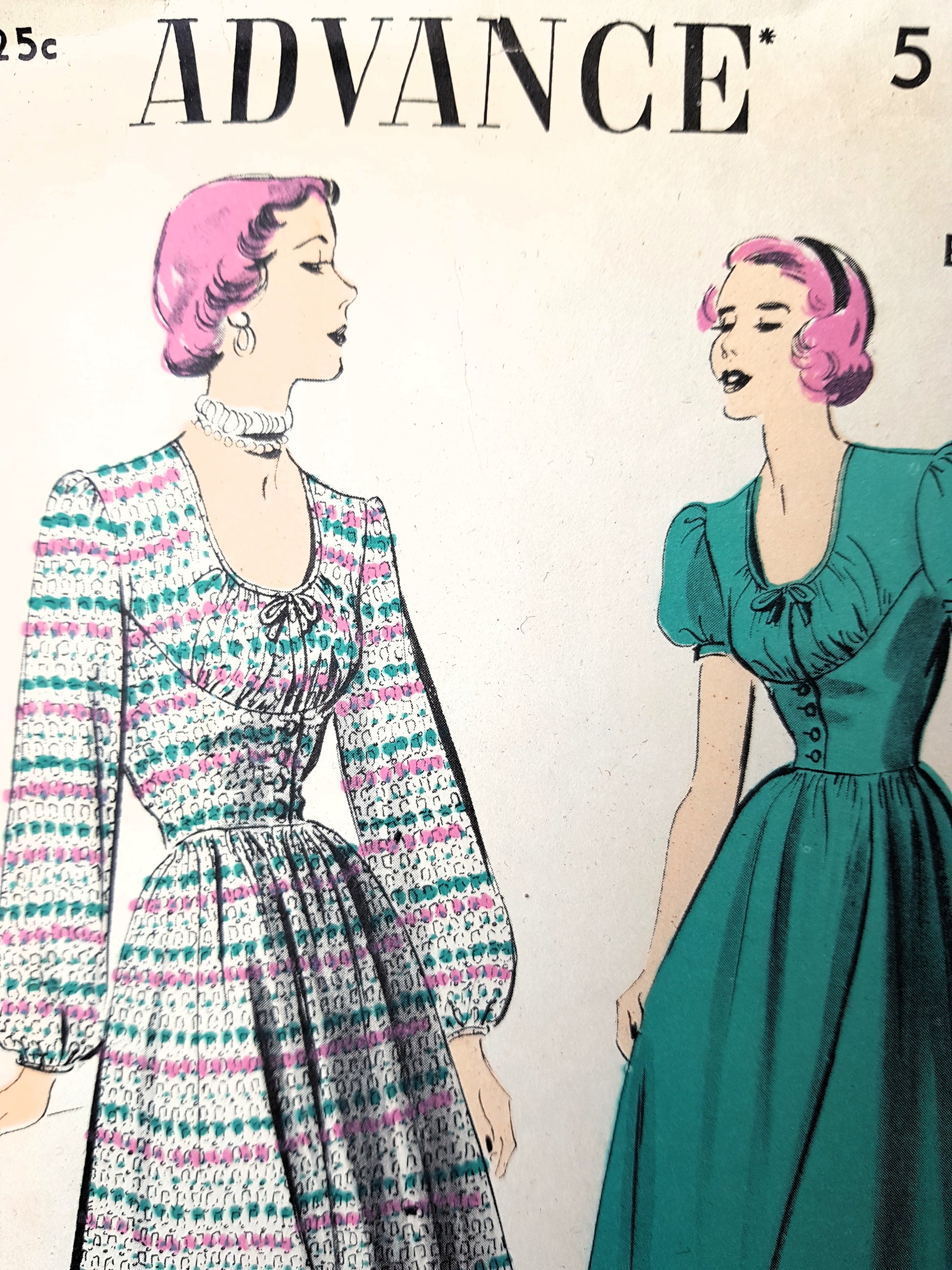 Late 1940s ROMANTIC Dress Pattern ADVANCE Figure Flattering Corset Style Bodice, 2 Sleeve Versions Day or Party Dress Bust 32 Vintage Sewing Pattern